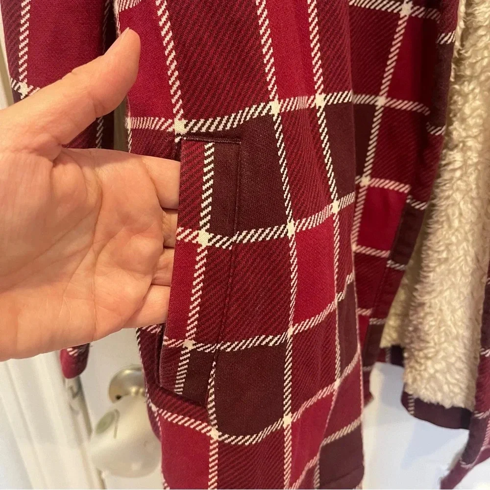 LL Bean Jacket Womens MP Red Plaid Sherpa Lined Open Pocket Collared Heavyweight